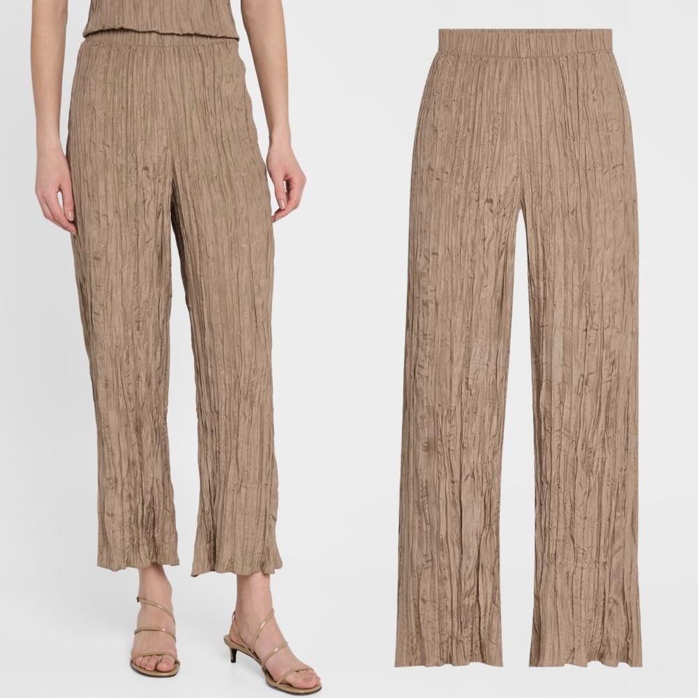 EILEEN FISHER Crushed Silk Wide Leg Ankle Pants in Cocoa Size Small S NWOT